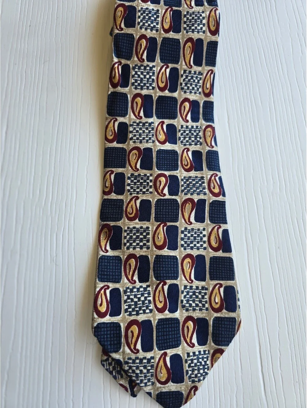 Mark Shale 100% Silk Tie Hand Made Italy 64x4 Geometric Paisley Navy Gold